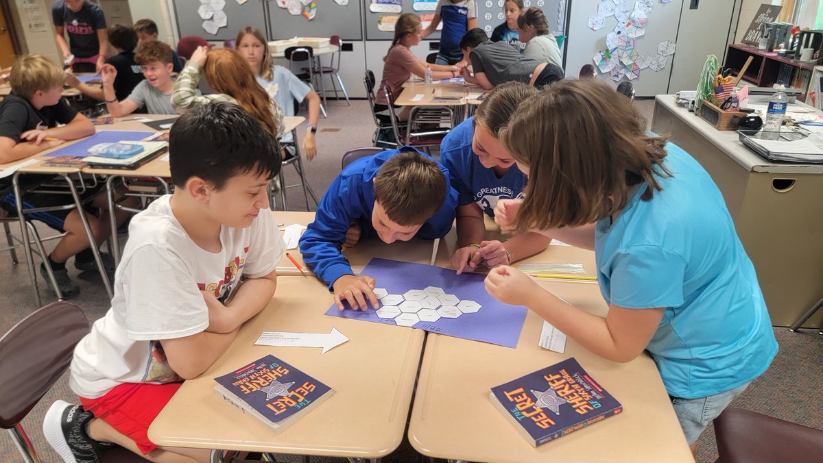 teubnerj's tweet photo. Fascinating discussions and connections were made today during our hexagonal thinking activity.  What a great way to wrap up this mini unit! #hexagonalthinking  #secretsheriffof6thgrade https://t.co/yts3rn5vvR