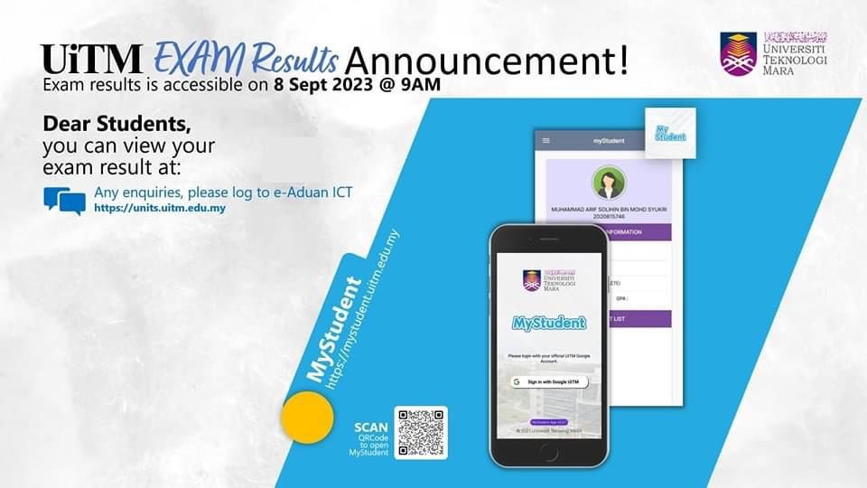 [𝗛𝗲𝗯𝗮𝗵𝗮𝗻] Keputusan peperiksaan bagi semester Mac - Ogos 2023 boleh diakses pada 8 September 2023 bermula jam 9 pagi di MyStudent:

mystudent.uitm.edu.my

Semoga berjaya!

#MalaysiaMadani
#UiTM
#UiTMDiHatiku
#GRU2025