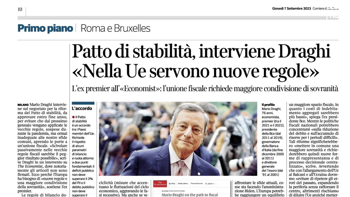 In realtà lo sosteneva <a href="/ProfPaoloSavona/">Paolo Savona</a> già oltre 20 anni fa e le sue visioni sull’Unione europea gli costarono il Ministero dell’Economia nel 2018 nel primo governo Conte. Il tempo è galantuomo. 
#pattodistabilità #Draghi