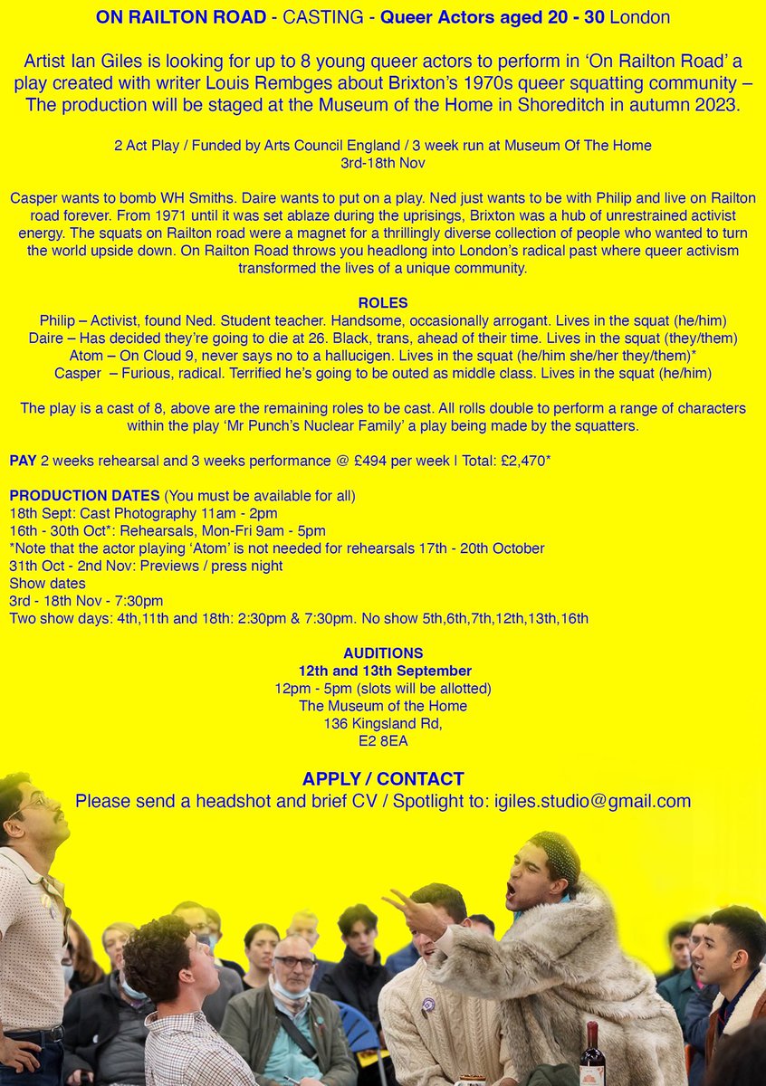 PLZ RT: 🌸 QUEER ACTORS 🌸 We’re auditioning next week for our play about the 1970s Brixton queer squatting community, ‘On Railton Road’ - 3 week run @MuseumoftheHome 🏚️🏚️🏚️ info below, all q’s to the email at the bottom @_Ian_Giles 🌸 (pics of prev run) iangiles.co.uk/on-railton-road