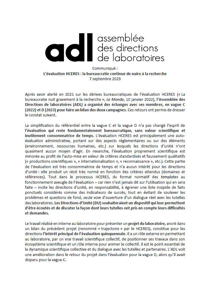 adirlabos's tweet photo. .@Hceres_ : la bureaucratie continue de nuire à la recherche.
Communiqué de l’ADL en forme de bilan des vagues C (2022) et D (2023) de l’évaluation des unités de recherche.
https://t.co/LYWPVDbvq3 https://t.co/Zin2152wWd