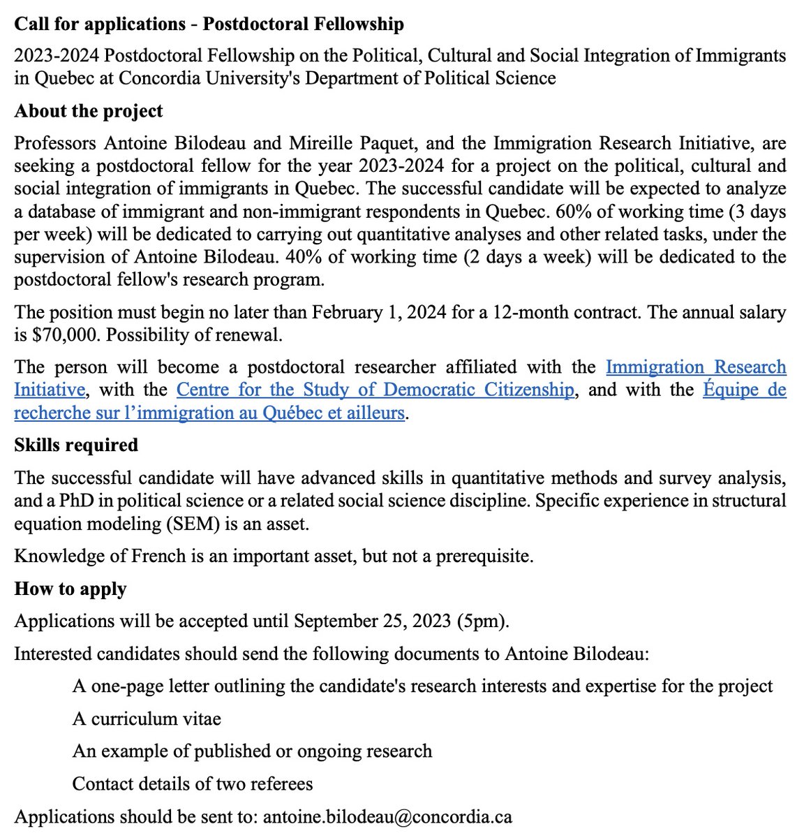 📣Call for Applications for a postdoctoral Fellowship on the Political, Cultural and Social Integration of immigrants
📍Quebec, at Concordia University's Department of Political Science
🗓Applications will be accepted until September 25 (5pm)