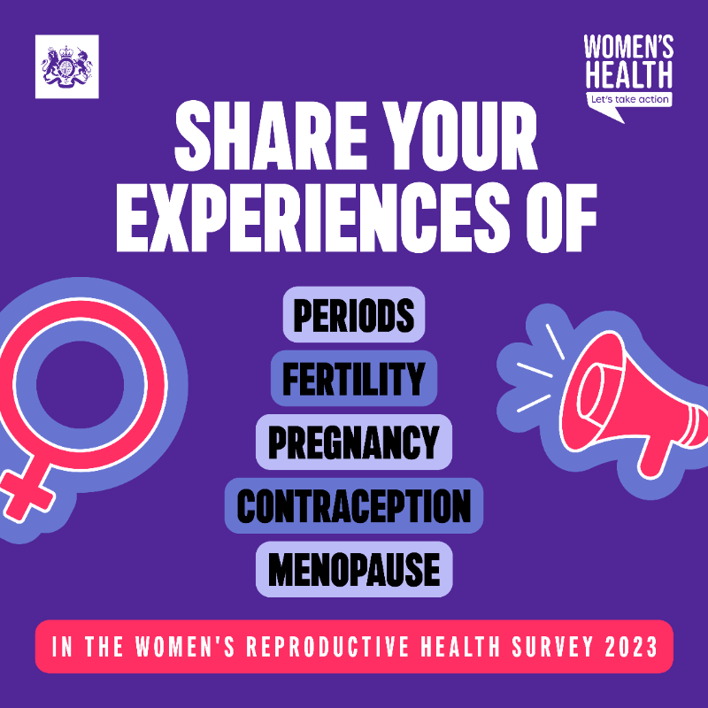 DHSCgovuk's tweet photo. Share your experiences in the first Women's Reproductive Health Survey for England to help shape future policy.

We want to hear your views on areas of #WomensHealth including:

🟣 periods
🟣 contraception
🟣 fertility
🟣 pregnancy
🟣 menopause

Take part in the survey 👇