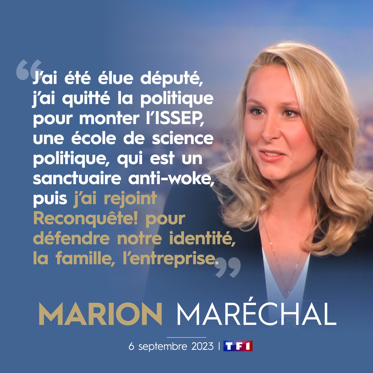 MarionMarechal's tweet photo. J’ai été élue député, j’ai quitté la politique pour monter l’@ISSEP_France, une école de science politique, qui est un sanctuaire anti-woke, puis j’ai rejoint @Reconquete_off pour défendre notre identité, la famille, l’entreprise.
#MarionMaréchal #Le20h https://t.co/YqUsDnGyQM