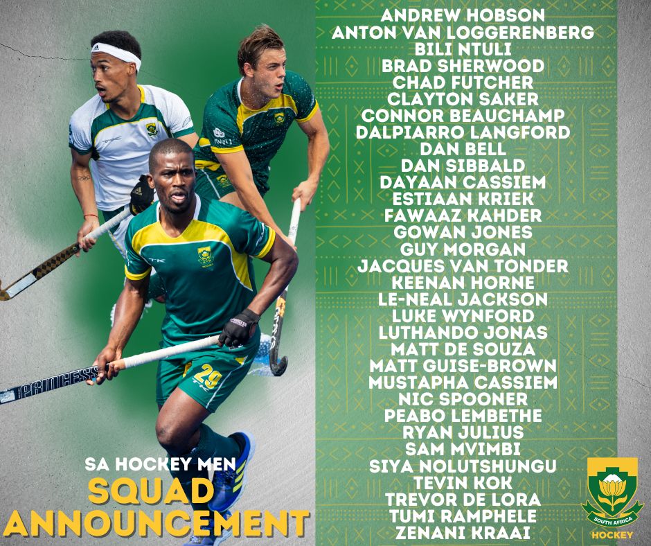 SA_Hockey's tweet photo. After an intense selection process following the South African Hockey IPT, the squad of 32 men has been announced for SA Hockey 🧢🏑. From this group, the teams for the upcoming tournaments and test series will be chosen. 🤞

https://t.co/uNbBOhZCPa https://t.co/yPocKE1FHh