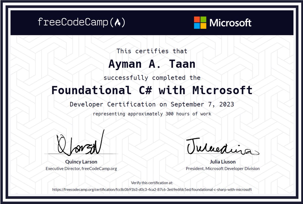 ATaani's tweet photo. I just earned the Foundational C# foundational from Microsoft

#C#, #microsoft, #freecodecamp https://t.co/uXtuUrLusq