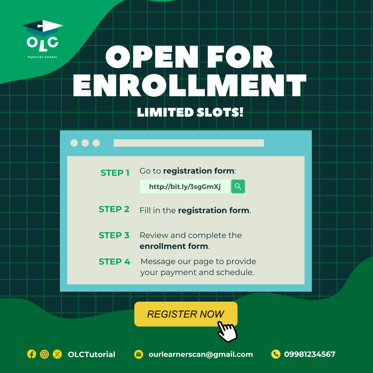 OLCTutorial's tweet image. Enroll your child at OLC Tutorial Center today to unlock e-learning excellence! Our dedicated tutors, comprehensive curriculum, and engaging online environment empower your child every step of the way.🎓

Follow the steps and click the link to enroll now: bit.ly/3sgGmXj