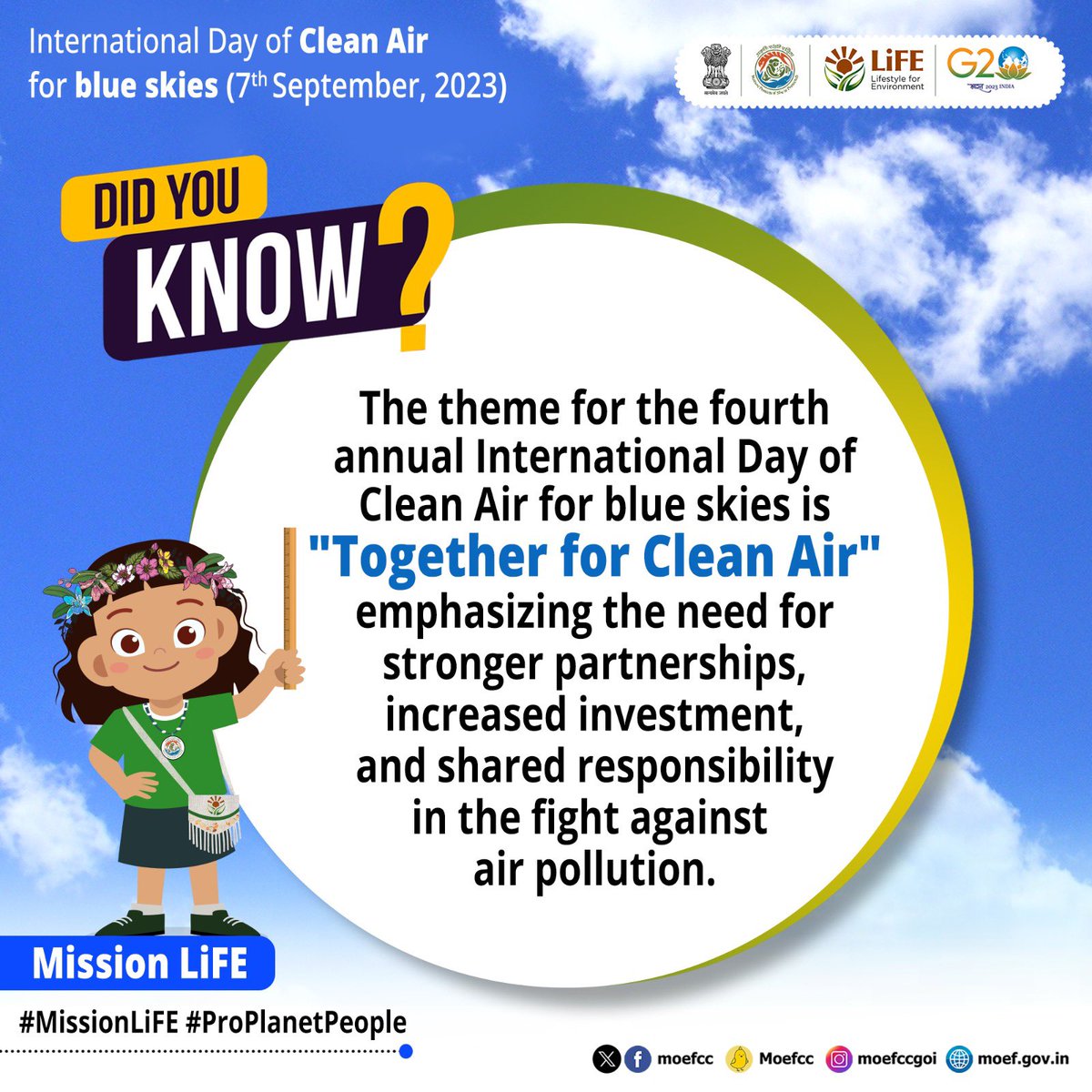 #DidYouKnow

The theme for the fourth International Day of Clean Air for blue skies is 'Together for Clean Air.' Let's work #TogetherForCleanAir

 #WorldCleanAirDay