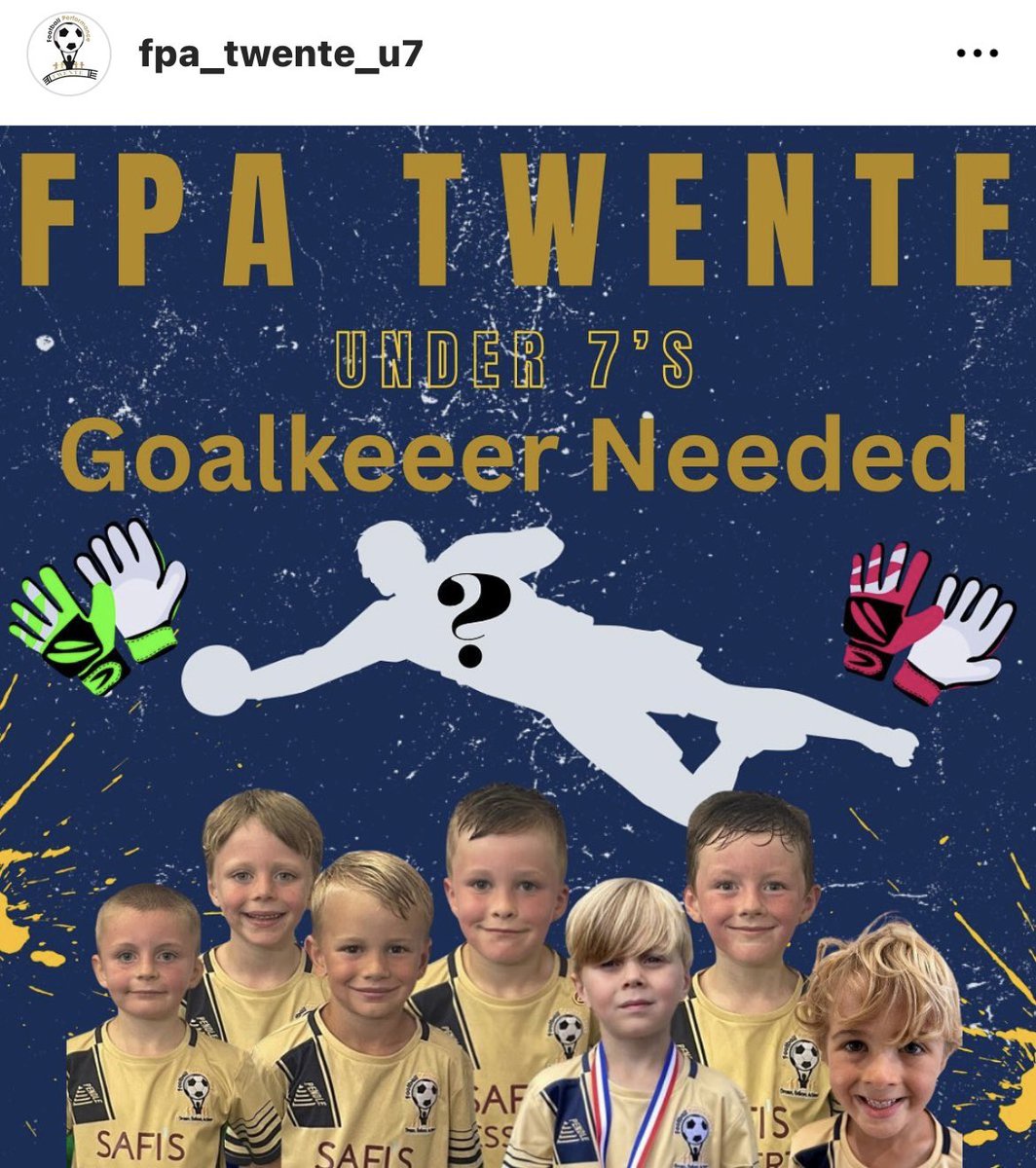 MJthorpey's tweet photo. FPA Twente looking to add a goalkeeper to our team. 

Training at our hub at the back of Hale Park, Jericho in winter 

Games - Saturday @ Mossley Hill
Sunday @ Simpsons 
Plus tournaments 

Year 2, under 7 

Get in touch if interested. https://t.co/39iwXUiW1a