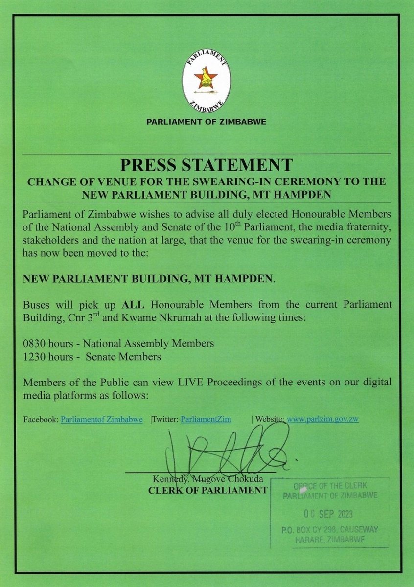 The swearing in ceremony for National Assembly and Senate Members is today, the 7th of September 2023. Now let us see if the Ccc opposition is going to boycott the process since they submit that the recent elections were stolen <a href="/CCCZimbabwe/">Citizens' Coalition for Change</a> <a href="/nelsonchamisa/">nelson chamisa</a> <a href="/pmkwananzi/">Promise Mkwananzi</a>