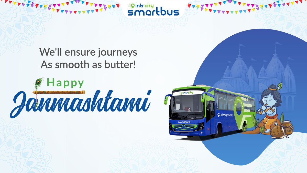 Wishing you a joyous Janmashtami filled with sweet moments and safe travels! 🙏 Book your tickets now! #Janmashtami #IntrCitySmartBus #SmoothTravel #KrishnaJanmashtami