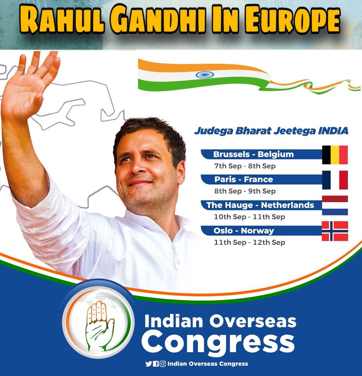 INCOverseas's tweet photo. Sri Rahul Gandhi reached Brussels as a part of his reach out program in Europe conducted by @INCOverseas ! Dr @sampitroda also will be part of these event along with different country presidents of IOC.

Programs schedule is given below! 
#RahulGandhiInEurope https://t.co/yttv432ROC