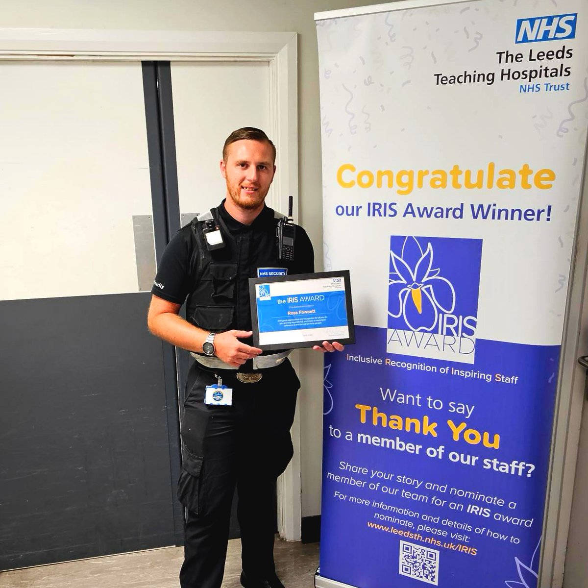 LeedsHospitals's tweet photo. Our most recent IRIS award winner (Inclusive Recognition of Inspirational Staff) is security officer Ross, who was nominated by a visitor. “He was calm and focused and went above and beyond to help me.” Congratulations Ross on your #recognisingsuccess https://t.co/13q3qaq0re
