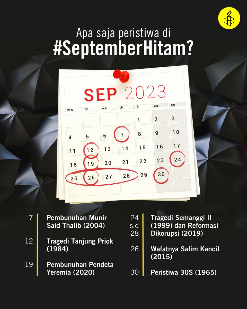 Di bulan September, terjadi rentetan kasus pelanggaran HAM yang belum diselesaikan secara berkeadilan oleh negara.

Hingga sekarang, hak korban belum sepenuhnya dipulihkan, dan para pelaku masih diselimuti impunitas.

#SeptemberHitam