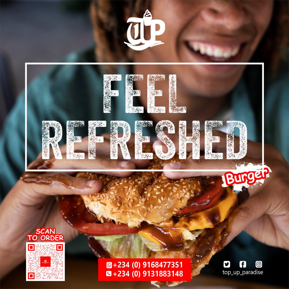TOPUPPARADISE1's tweet photo. With just one bite, our fresh, flavorful burger 🍔  will leave you feeling refreshed and invigorated. 
Visit us today and discover the power of a single bite @top_up_paradise #BurgerCokeBliss #BurgerBliss #tundednut #TopUpParadise #TOPUPPARADISE #TopUpParadiseTreats #cocacola https://t.co/gCsvafUBPF