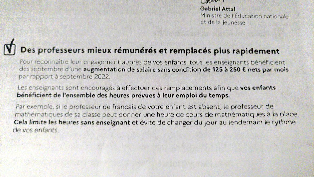 😡🤯 Quand tu apprends que ta fille qui rentre en 6ème n'a pas de prof de français et aucune perspective de remplacement, et que #EnMêmeTemps, tu reçois cette propagande de <a href="/gouvernementFR/">Gouvernement</a> 👇

<a href="/GabrielAttal/">Gabriel Attal</a> <a href="/AcCreteil/">Académie de Créteil</a>, un commentaire, une solution ?
#rentrée2023 #Generation2024