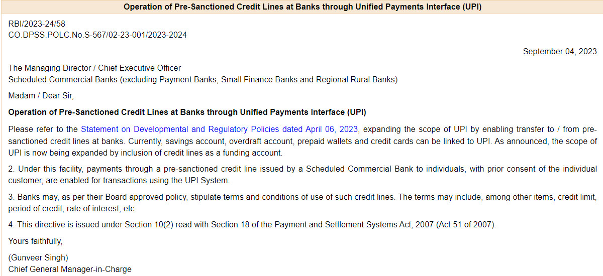 deepakshenoy's tweet photo. RBI allows credit lines directly into UPI. Bank can give you a line of credit and you can link it to UPI - this is beyond pure accounts, wallets and credit cards. 

It will be interesting to see how this evolves. Credit into UPI means a new revenue source for a UPI player in the form of interest.