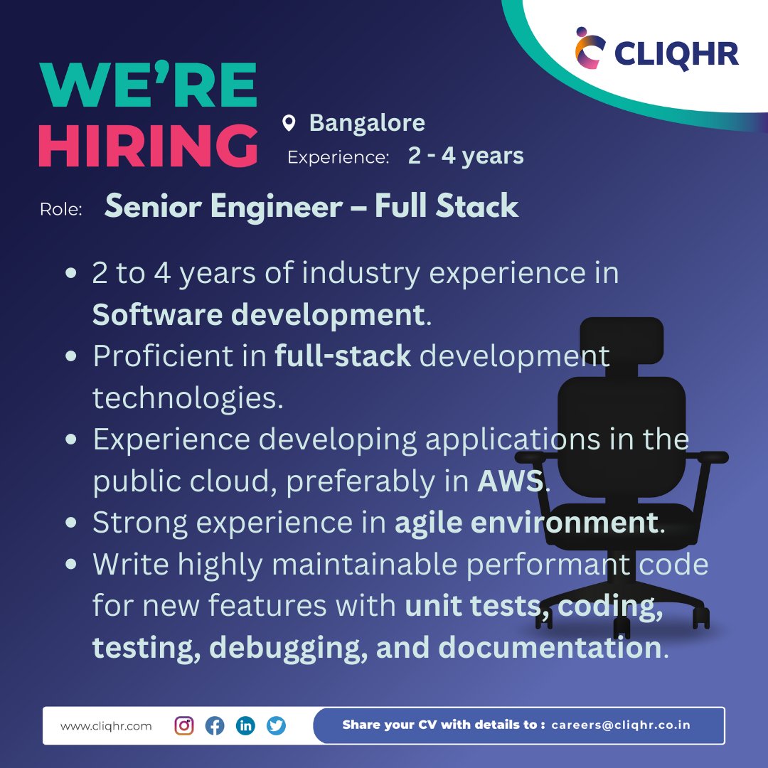 Job Profile: Senior Engineer – Full Stack

No of vacancies: 3
#fullstackdeveloper #softwareengineerjobs #softwareengineer #aws #itjobopening #itjobsearch #cliqhr