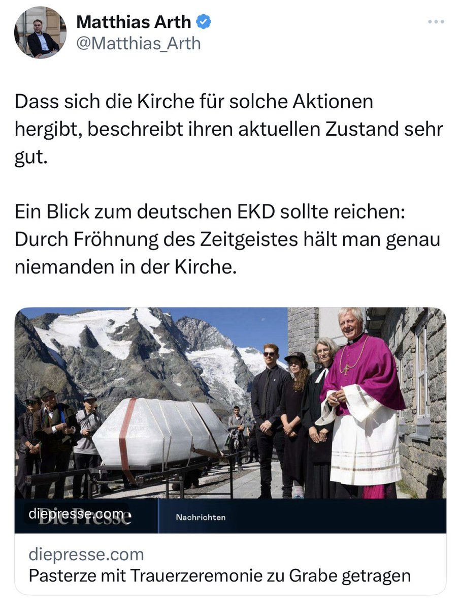 Bischofsvikar Engelbert Guggenberger hat mit berührenden Worten das Gletscherbegräbnis geleitet. 

Ein JVP-Obmann kritisiert ihn nun heftig dafür und fordert ihn zum Rücktritt auf.

Wieder einmal Zeit, um darüber zu sprechen, was der amtierende Pabst zu diesem Thema sagt

🧵