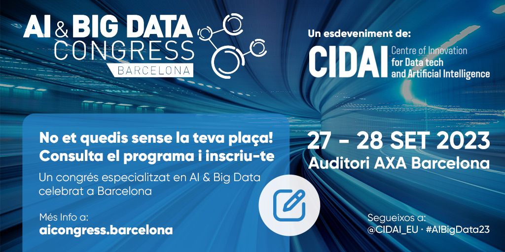 tic's tweet photo. Obrim les inscripcions per l'#AIBigData23!
L'edició mostrarà els principals reptes de l'#IA #BigData i best practices d'empreses pioneres
Organitza #CIDAI i @Eurecat_news en el marc de https://t.co/3BjENS1qPo
🗓️ 27-28 setembre
📍 Auditori AXA Barcelona
👉 https://t.co/qcB2Phxfi4 https://t.co/sDJHCtM5aZ