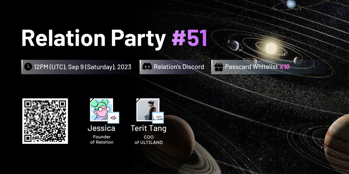 relationlabs's tweet photo. 🥳 Let's rock at Relation Party #51 with our new partner @ULTILANDHK

⏰ Time: UTC 12PM on Sep 9th (Saturday)

🎤 Speakers: @Jessica_Chang10 &amp; Terit Tang

🎁 10 Amazing Passcards WL &amp; more await!🎊

🔗 Join us > https://t.co/7i2xZ0z7bI https://t.co/dGJFp1pesw