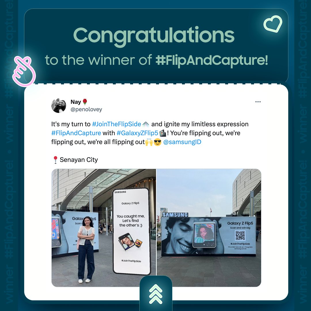 samsungID's tweet photo. ✨ Winner Announcement✨
Congratulations to @penolovey
(Please send your details to our DM)
Thank you for flexing about how many #FlipAndCapture you can get ✨
Be sure to stay tuned as we still have more fun quizzes and activities only at @samsungID https://t.co/iYyWCvuyfP