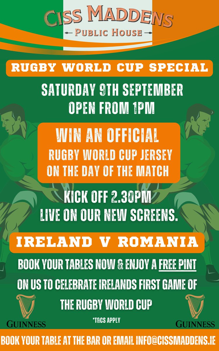 Book now Fri 8th Sept 7pm France v New Zealand.Sat Sept 9th 1pm Ireland V Romania. New screens installed,free pints to the first 50 who book in advance. Win an official Rugby World Cup Jersey on the day #COYBIG #Ireland #RWC2023 #RugbyWorldCup #pints #france #IRLVROM #Irishrugby