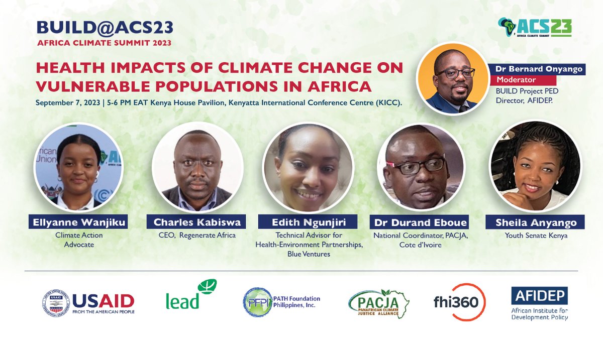 🚨 Happening Today! 
Meet our expert panelists for the #BUILDProject side event at the #AfricaClimateSummit. The event is organised in collaboration with <a href="/PACJA1/">PACJA</a> <a href="/leadsea_/">leadsea</a> <a href="/fhi360/">FHI 360</a> <a href="/_PFPI/">PFPI</a>  <a href="/USAIDGH/">USAID Global Health</a> 

 📍5-6 PM EAT, Kenya House Pavillion, KICC 

 #ACS23 #ACW23 #COP28