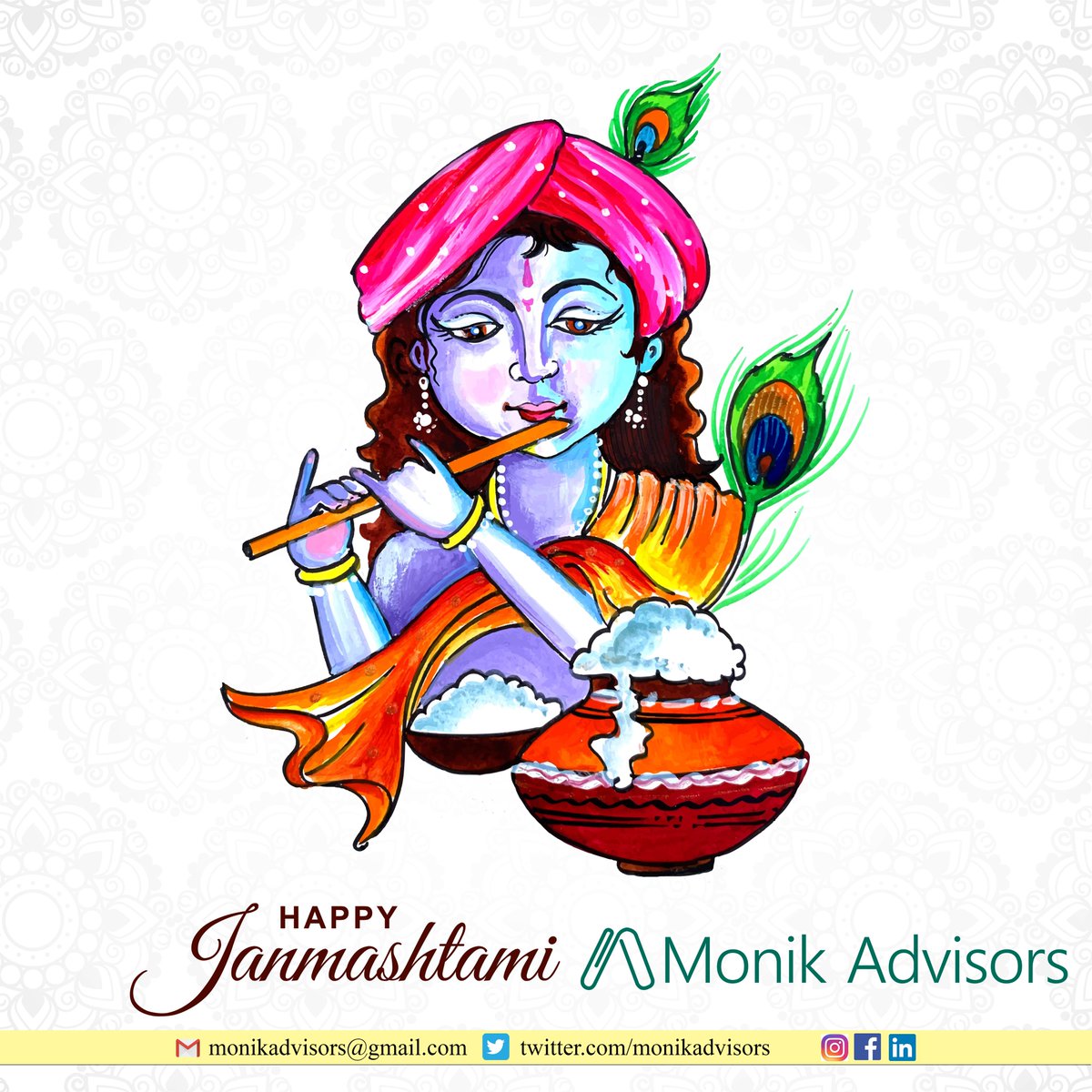 Wishing everyone a blessed #Janmashtami May Lord Krishna's divine love and wisdom fill your lives with happiness and harmony. 
.
.
.
.
#Janmashthami2023 #Monikadvisors #FundSolutions #GIFTCity #RERA #Taxlitigation