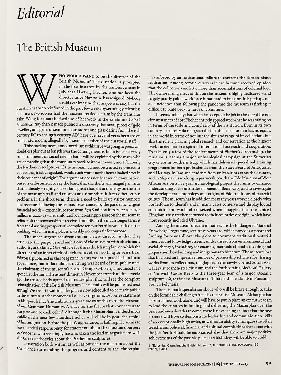 Who would want to be the director of the British Museum? Very good stop-the-press Editorial in this month’s @BurlingtonMag on the difficulties of running such an important and imperilled institution.