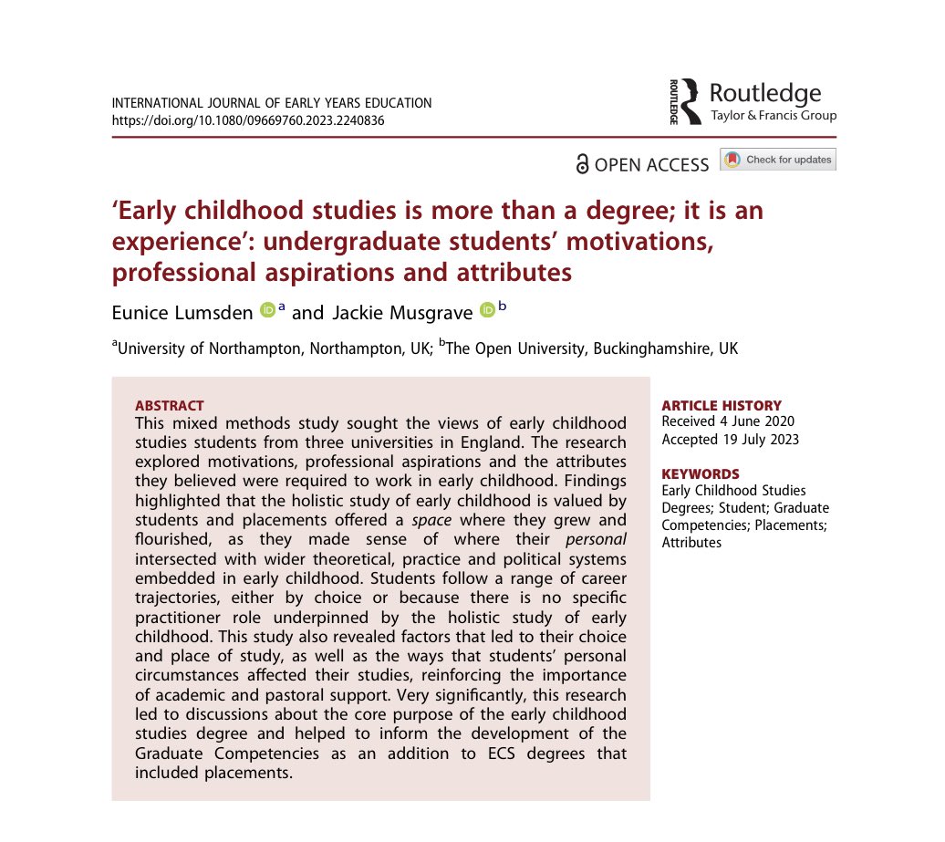 New publication by <a href="/eunice_lumsden/">Professor Eunice Lumsden</a> and <a href="/jackiemmusgrave/">jackie musgrave</a> 

‘Early Childhood Studies is more than a degree; it is an experience’; undergraduate students’ motivations, professional aspirations and attributes.

tandfonline.com/doi/epdf/10.10…

#ECSDN #Graduates #TeamEC #ECSDegree