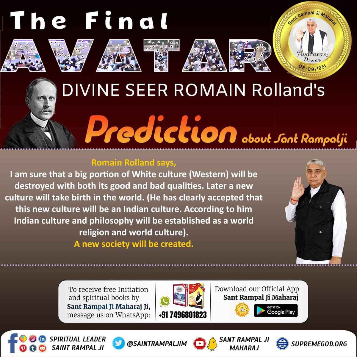 #1DayLeft_For_AvataranDiwas The final avatar who is going to bring good times to the world is Sant Rampal Ji Maharaj who is going to do this through unique Gyan Sant Rampal Ji Maharaj