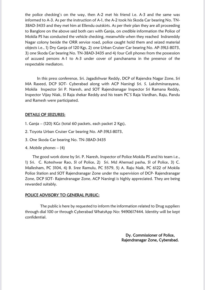 DcpRjnrzone's tweet image. CONDUCT #PRESSMEET ON 7-9-23 ON GANJA CASE WHERE #MOKILA #POLICE &amp;amp; SOT #RAJENDRANAGAR INTERCEPTED THE TRAFFICKING OF BANNED #GANJA TRANSPORTING FROM MALKANGIRI OF #ODISHA TO #BANGALORE VIA #HYDERABAD - SEIZED (120) KGs OF GANJA, WORTH RS. 24,00,000/- &amp;amp; (02) 4 WHEELER,(04) MOBILES