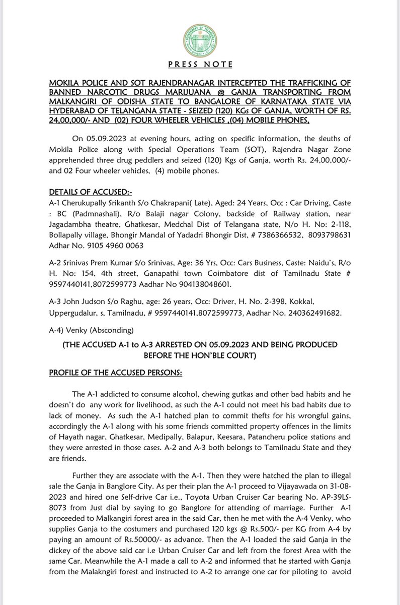 DcpRjnrzone's tweet image. CONDUCT #PRESSMEET ON 7-9-23 ON GANJA CASE WHERE #MOKILA #POLICE &amp;amp; SOT #RAJENDRANAGAR INTERCEPTED THE TRAFFICKING OF BANNED #GANJA TRANSPORTING FROM MALKANGIRI OF #ODISHA TO #BANGALORE VIA #HYDERABAD - SEIZED (120) KGs OF GANJA, WORTH RS. 24,00,000/- &amp;amp; (02) 4 WHEELER,(04) MOBILES