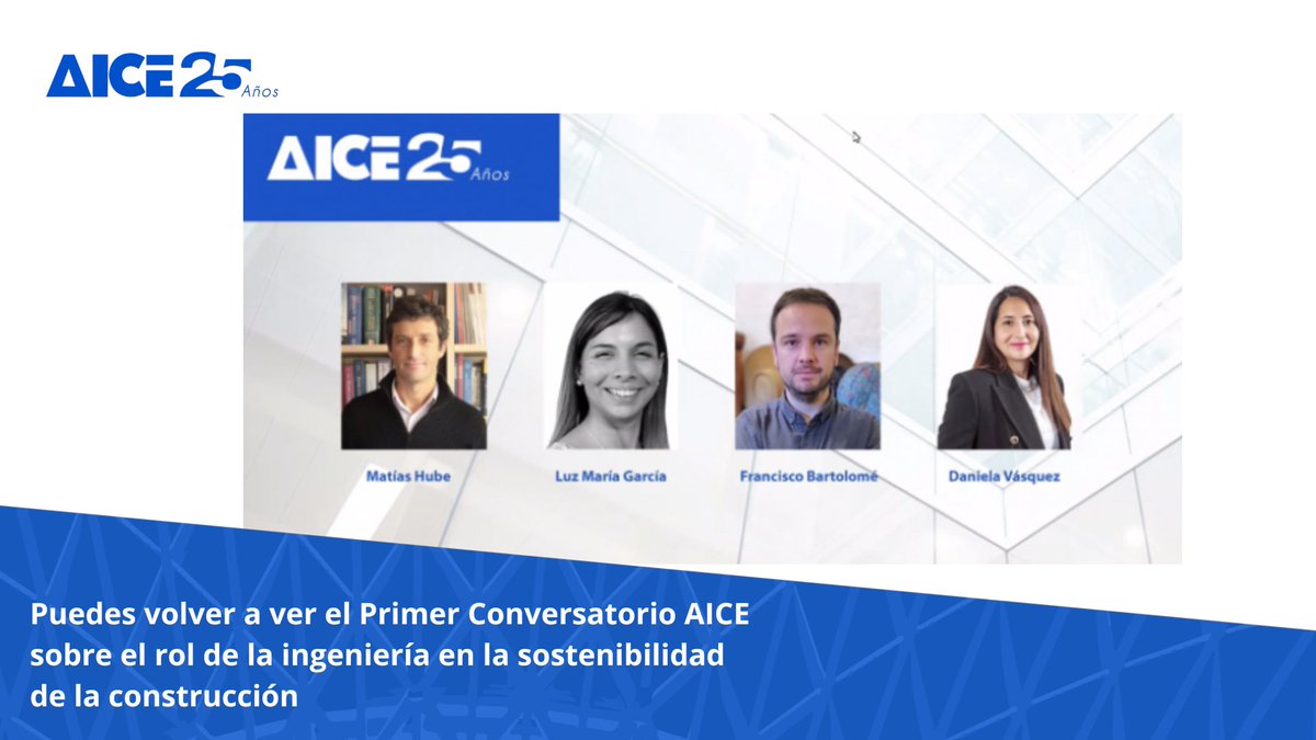 Desde distintas perspectivas, cuatro profesionales comentaron sobre iniciativas que avanzan para generar procesos y proyectos sostenibles.

Revive el 1° Conversatorio AICE ➡️ aice.cl/web/primer-con…

#AICEChile #IngenieríaEstructural #Newsletter