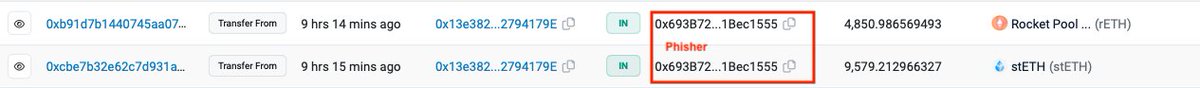 PeckShieldAlert's tweet photo. #PeckShieldAlert A whale fell victim to a #phishing attack, losing $24.24M worth of cryptos, including ~4,851 $rETH and 9,579.2 $stETH.
The phisher has already swapped these $rETH and $stETH for ~13,785 $ETH and 1.64M $DAI.
A portion of the $DAI (~451K $DAI) has already been transferred into #FixedFloat.