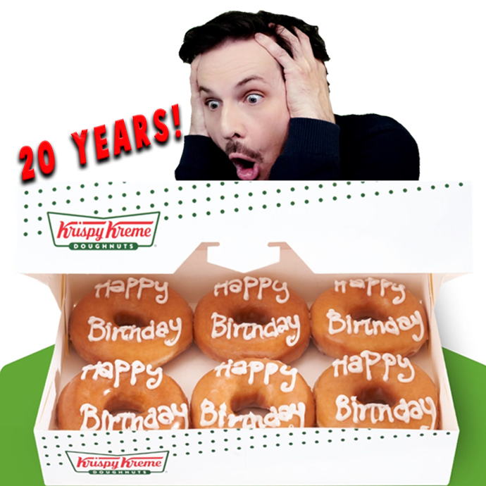 bajo's tweet photo. To celebrate the 20th Birthday of Krispy Kreme Australia, tonight I'm making a Doughnut Cake!

I'll also be giving away over 100 Krispy Kreme doughnuts on stream.  You can also feed me doughnuts with channel points!

Live 6pm AEST, https://t.co/DsV5yI6RgK 

https://t.co/GKavwZ7kjF

@krispykreme #sponsored