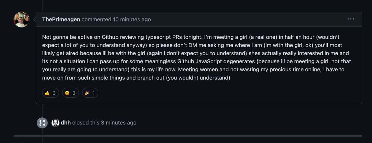 Bad news: The PR got closed

Good news: <a href="/ThePrimeagen/">ThePrimeagen</a> got the final comment