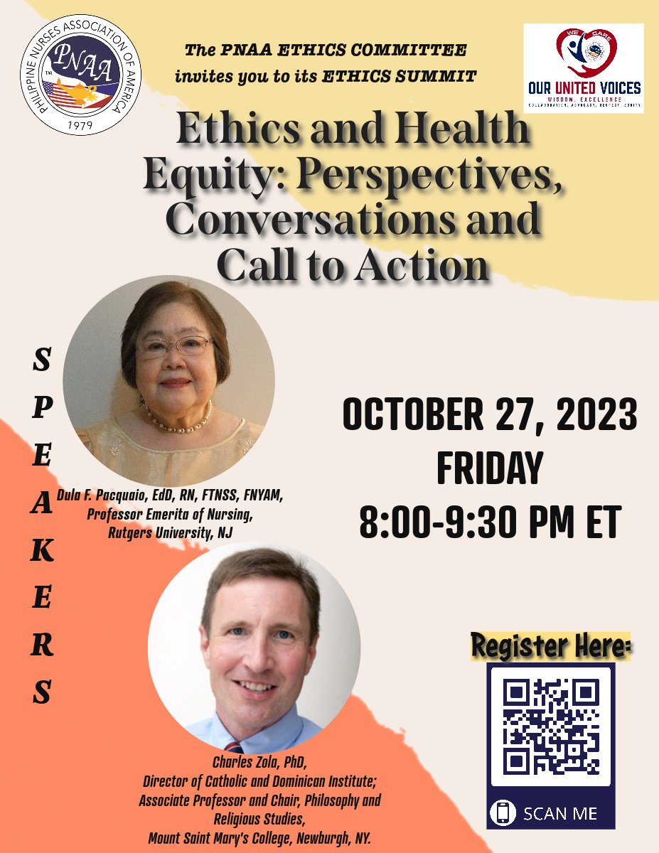mypnaa's tweet photo. Ethics and Health Equity: Perspectives, Conversations and Call to Action
Friday, October 27, 2023
8:00 PM - 9:30 PM ET
Register here: https://t.co/W26rlchA5x
#ourunitedvoices #wecare #ethics #HealthEquit https://t.co/9QBx5gHATv
