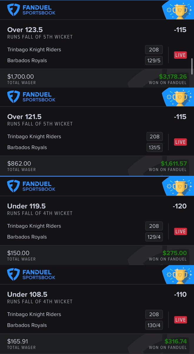 All the calls in Wicket City baby! Over 8K in profit for my guy from 1 game! People still sleeping on Cricket- y’all better tune in💰💰💰

#gamblingtwitter #gamblingx #crickettwitter #wicketcity #TKRvBR #WaveTheRed #WeAreTKR #CPL2023