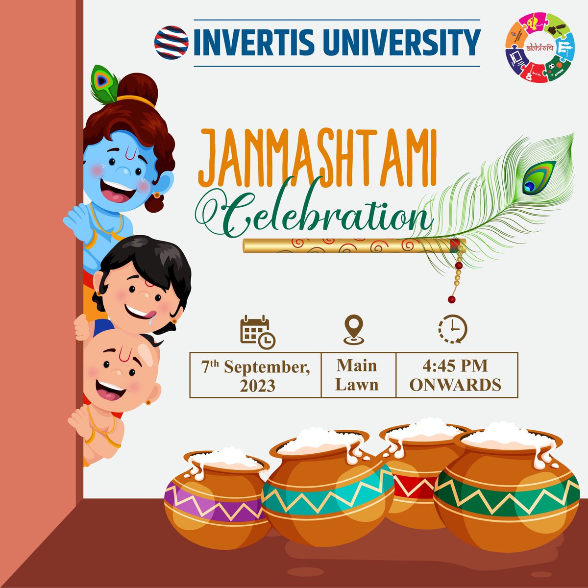InvertisUni's tweet photo. "Janmasthami bliss: Get set for an enormous celebration with colourful décor, soul-stirring music, embracing the holy energy tomorrow at Invertis University.

#Janmashtami #Krishna #Devotion #Power #Energy #Celebration #Happiness #LifeAtInvertisUniversity #ExploreMoreWithInvertis #Bareilly #UP