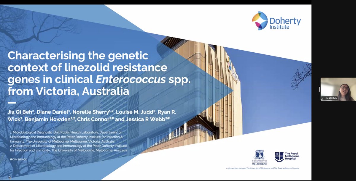 Jia Qi Beh shares the results of a retrospective study on Enterococcus in Australia 2015-2023. 41 isolates had resistance to the antimicrobial linezolid. Single gene involved for E. faecalis, but diverse mechanisms in E. faecium #MicroSeq2023