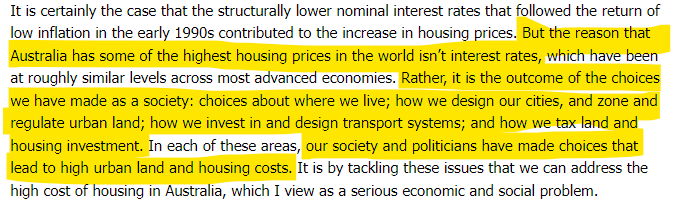 Wise words from RBA Governor Lowe on why we have such expensive housing in Australia - hopefully we can one day fundamentally address the issues referred to by him.