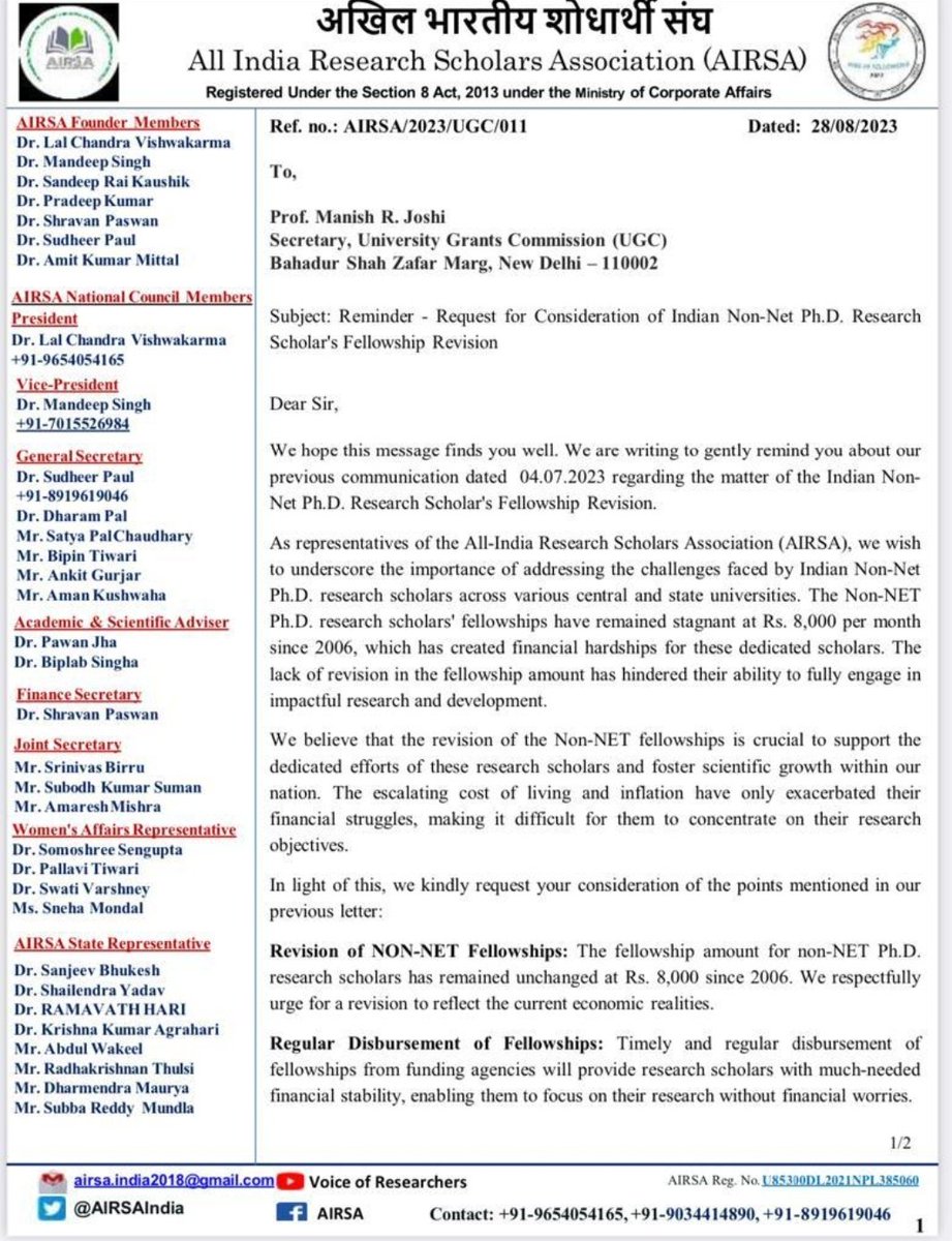 AIRSAIndia's tweet photo. #NonNetFellowshipHike 
Since 2006, Indian non-NET fellows are getting Rs.8000Rs/- less than laborers @ugc_india #PhDhighestdegree
"जय-अनुसंधान" कैसे सभव है।
@PMOIndia @dpradhanbjp @DrJitendraSingh @EduMinOfIndia @IndianExpress @IndiaToday @narendramodi @ShashiTharoor @the_hindu @TheLallantop @aajtak