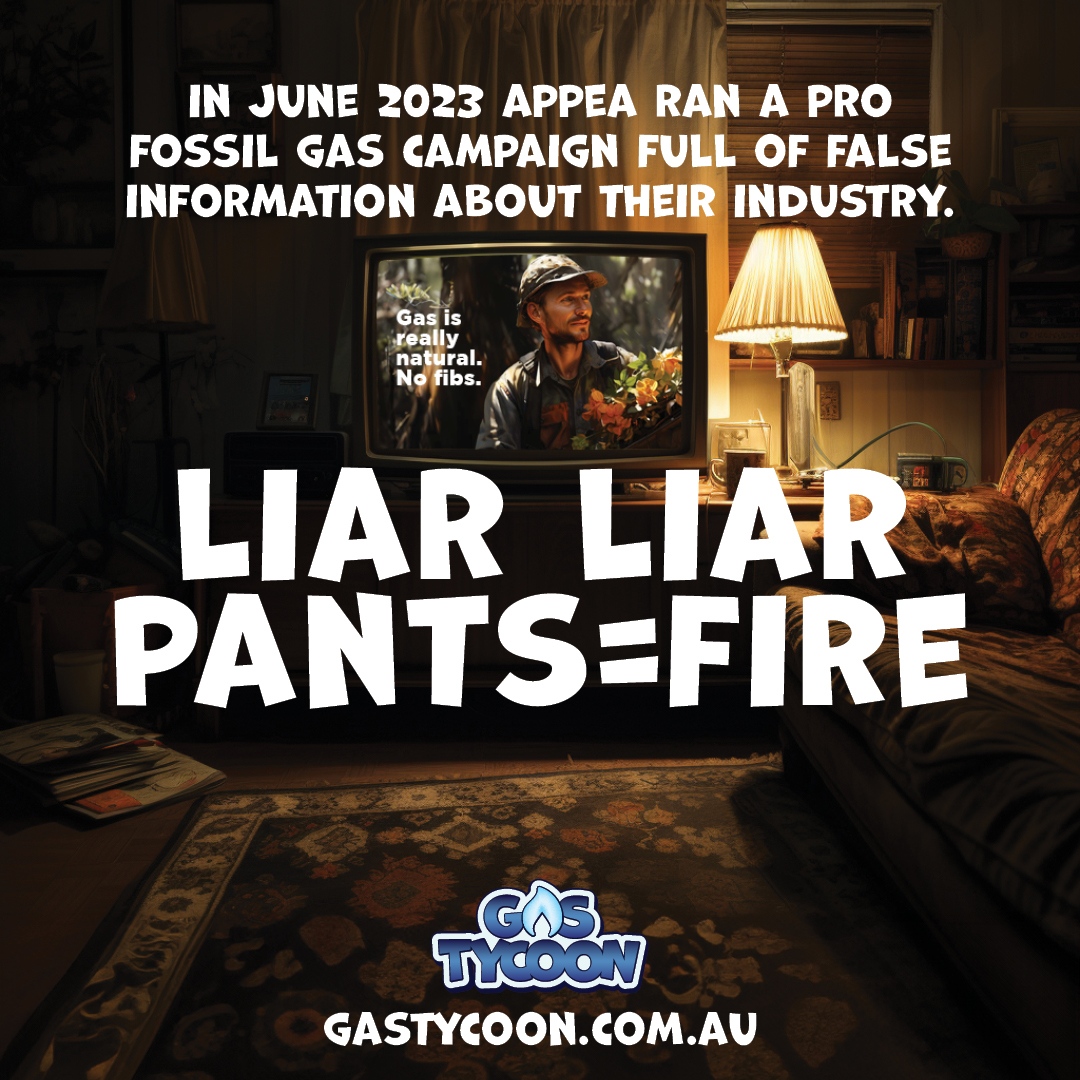 In June 2023, APPEA (Fossil gas lobby group) ran a pro #fossilfuel campaign full of lies about their industry.🤥

Life’s a gas when you’re a Gas Tycoon! 

gastycoon.com.au
#gastycoon #tycoonterry #frackettes #taxgasnow #prrt