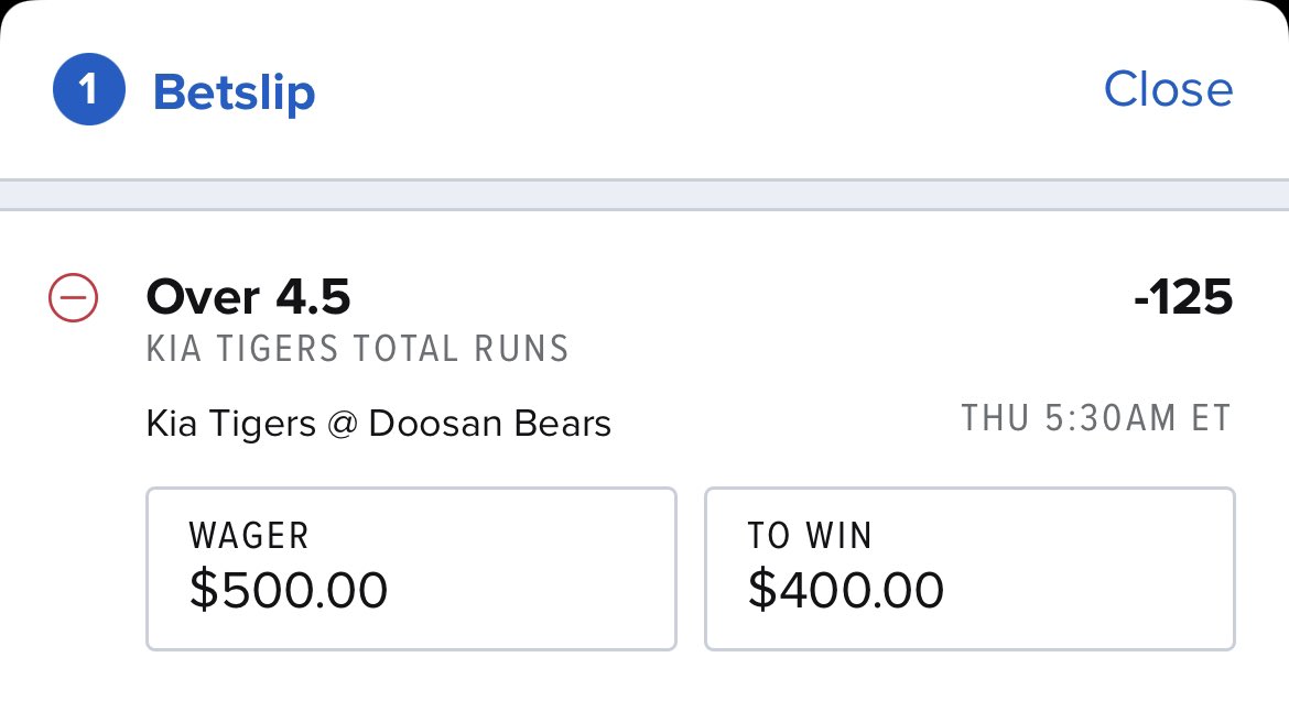 BadaBingBookie's tweet photo. #KBO FREE PLAY🧪🥼

(5U)🐋

KIA TIGERS TTO 4.5 (-125FD)🔮

LFG. 21-6 KBO RUN IN LAST 27.📈

#GamblingTwitter #BBBets #Fanduel #DraftKings #MLB #KiaTigers https://t.co/paX2ih2nS3