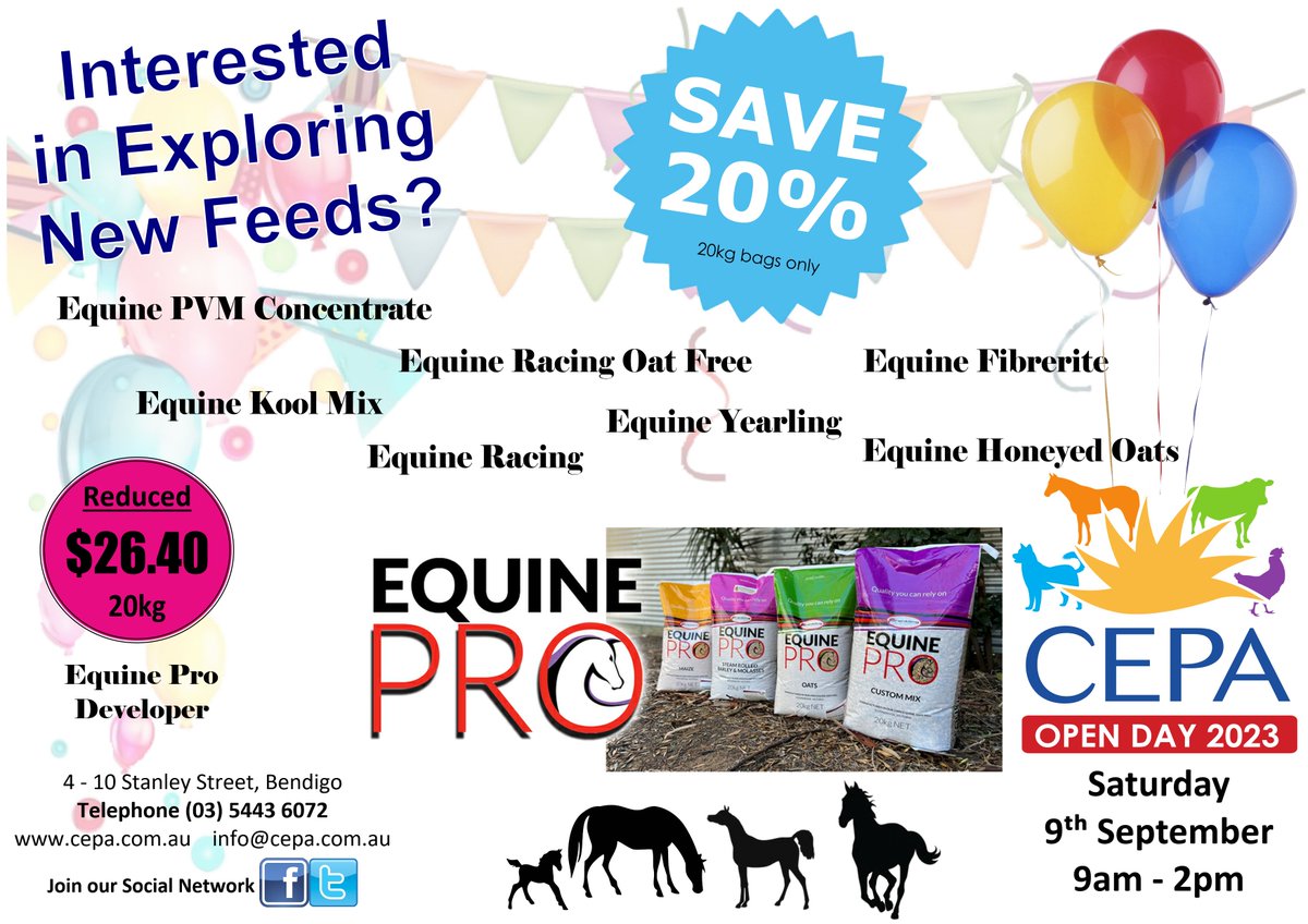 CEPABENDIGO's tweet photo. 20% OFF Frankling EquinePro~SELECTED PRODUCTS ONLY* more suppliers and MORE SPECIALS this year
SAT, 9 SEPT~ 9am - 2pm @CEPAbendigo
4-10 Stanley St, Quarry Hill Ph 5443 6072
#bendigo #supersale #OpenDay #horses #supportlocalbusinesses #horseriding #horsefeed #bargains https://t.co/HGTRtaTgC4
