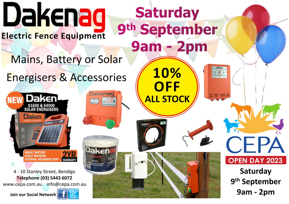 CEPABENDIGO's tweet photo. Looking at updating your electric fencing? Then here's 10% off all @Dakenag products!
SAT, 9 SEPT ~ 9am - 2pm @CEPAbendigo
4-10 Stanley Street, Quarry Hill Ph 5443 6072
#bendigo #supersale #OpenDay #supportlocalbusinesses #bargains #sheep #lambs #calves #cattle https://t.co/NnFvZwITiA