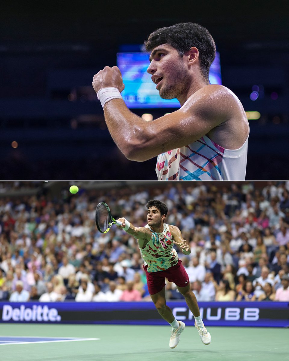 espn's tweet photo. ALCARAZ MOVES ON‼️

The defending champ is headed to his third major semifinal of the year 👏 #USOpen https://t.co/w7Mi3ImIqt