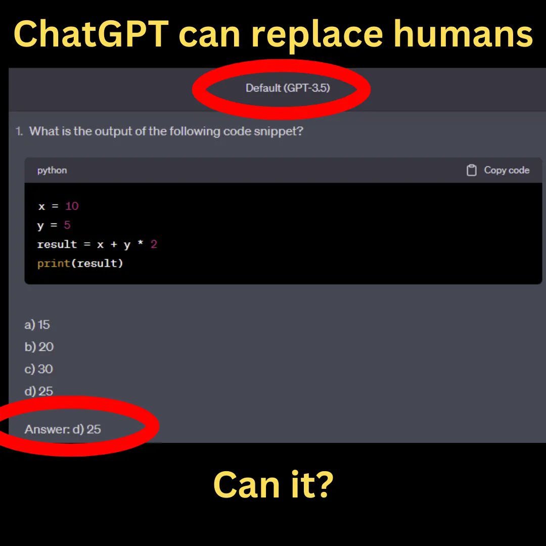kodegurukul's tweet photo. ChatGPT can replace humans. Can it?

#Python #Programming #Coding #pythonprogramming #100DaysofCode #chatgt https://t.co/5vJGEBwN29